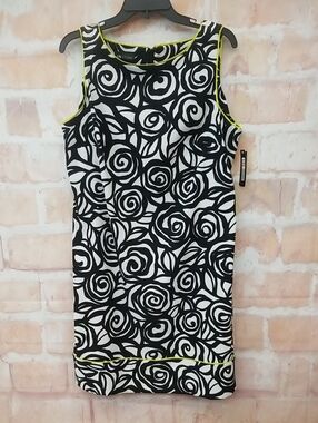 In Studio NWT Black & White Swirl Sheath Dress with Lime Trim